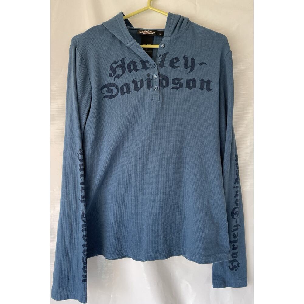Harley-Davidson Shirt Women’s M Blue Waffle Knit Thermal Hooded Graphic